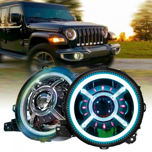 9 इंच RGB हेडलाइट्स कलर चेंजिंग हेलो लाइट्स के लिए Jeep Wrangler JL 2018 अप