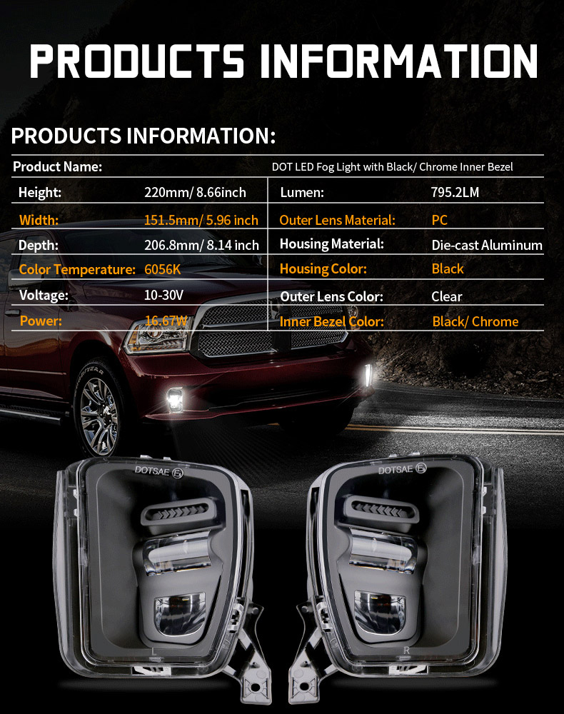 2013-2018 Dodge Ram 1500 Led tuman chiroqlari xususiyatlari