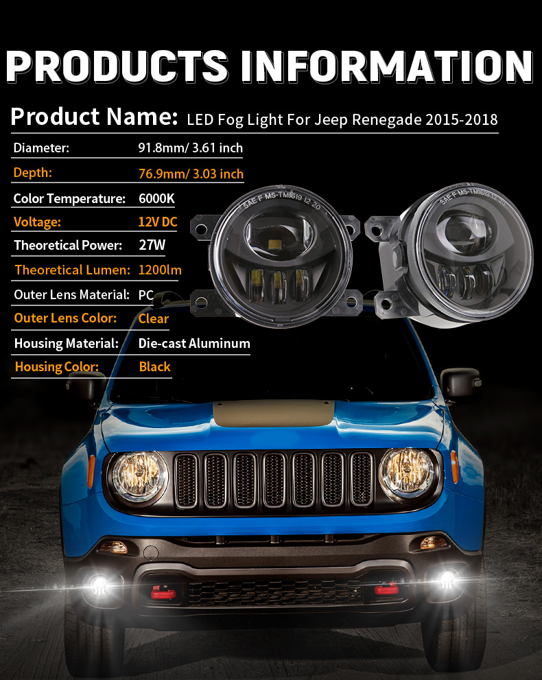 2015-2018 Jeep Parámetros de reemplazo de la luz antiniebla Renegade